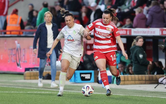 Maja Sternad, Hannah Eurlings Zweikampf Spielszene Aktion Fußball Fussball Frauen Damen Bundesliga 21. Spieltag Saison 2025 2026 23.03.2026 1.FC Union Berlin vs. SV Werder Bremen DFL regulations prohibit any use of photographs as image sequences and or quasi-video