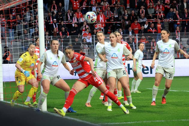 DEU, 2.BL, Frauen, 1.FC Union vs. Werder Bremen, 23.03.2026, Stadion Alte Foersterei, Berlin, DEU, 2.BL, Frauen, 1.FC Union vs. Werder Bremen, im Bild Kamber Lia(1.FC Union Berlin 41), Mara Alber (Werder Bremen 37), Sarah Gutmann (Werder Bremen 32), Verena Wieder (Werder Bremen 31), Mariella El Sherif (Werder Bremen 39) DFL - regulations prohibit any use of Photographs as image sequences and or quasi-video