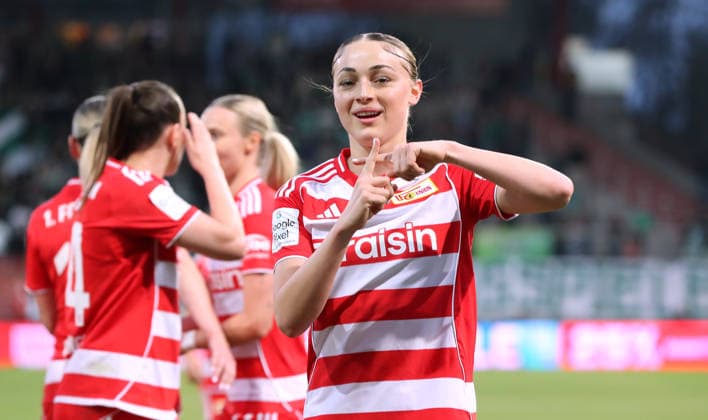 Lia Kamber jubelt nach Tor zum 1:0 Freude Emotion Jubel Fußball Fussball Frauen Damen Bundesliga 21. Spieltag Saison 2025 2026 23.03.2026 1.FC Union Berlin vs. SV Werder Bremen DFL regulations prohibit any use of photographs as image sequences and or quasi-video