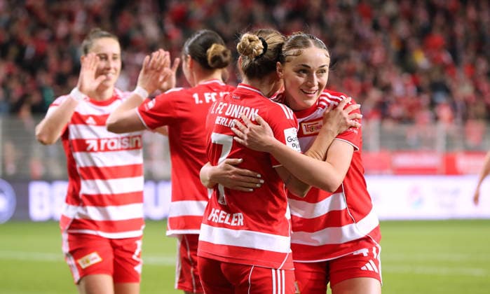 Lisa Heiseler jubelt nach Tor zum 3:0 mit Lia Kamber Freude Emotion Jubel Fußball Fussball Frauen Damen Bundesliga 21. Spieltag Saison 2025 2026 23.03.2026 1.FC Union Berlin vs. SV Werder Bremen DFL regulations prohibit any use of photographs as image sequences and or quasi-video