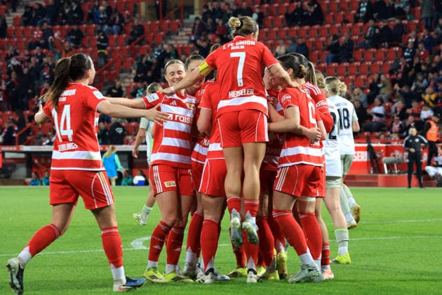 DEU, 2.BL, Frauen, 1.FC Union vs. Werder Bremen, 23.03.2026, Stadion Alte Foersterei, Berlin, DEU, 2.BL, Frauen, 1.FC Union vs. Werder Bremen, im Bild: 2:0 durch Tysiak Amber(1.FC Union Berlin 26), Union-Spielerinnenkreis DFL - regulations prohibit any use of Photographs as image sequences and or quasi-video