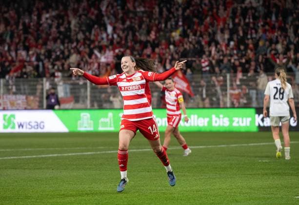 Fußball, Frauen, Saison 2025 2026, Google Pixel Frauen-Bundesliga (21. Spieltag), 1. FC Union Berlin - Werder Bremen, Hannah Eurlings (1. Frauen 1. FC Union), Jubel nach Tor zum 4:0, 23.03. 2026, Copyright: xMatthiasxKochx