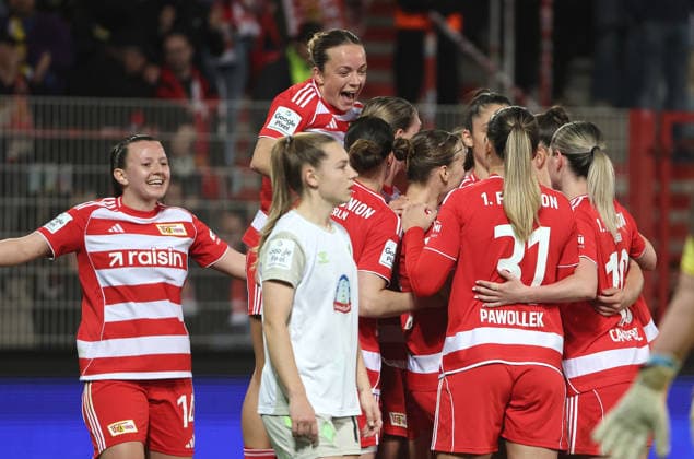Amber Tysiak jubelt nach Tor zum 2:0 mit Teamkolleginnen Fußball Fussball Frauen Damen Bundesliga 21. Spieltag Saison 2025 2026 23.03.2026 1.FC Union Berlin vs. SV Werder Bremen DFL regulations prohibit any use of photographs as image sequences and or quasi-video