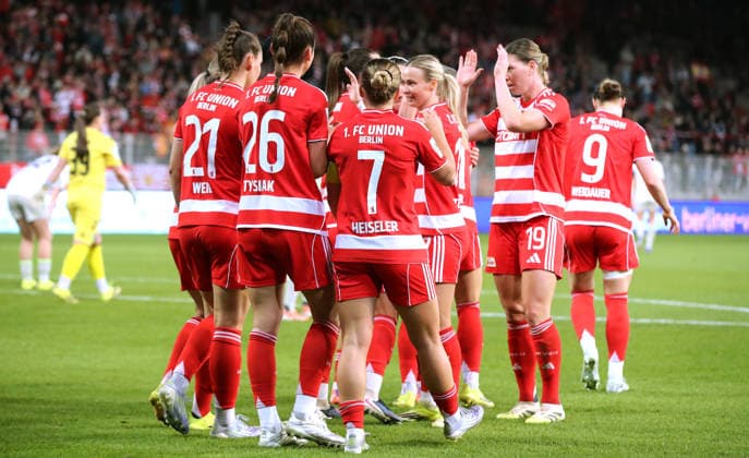 Lisa Heiseler (7) jubelt nach Tor zum 3:0 mit Teamkollegen Fußball Fussball Frauen Damen Bundesliga 21. Spieltag Saison 2025 2026 23.03.2026 1.FC Union Berlin vs. SV Werder Bremen DFL regulations prohibit any use of photographs as image sequences and or quasi-video