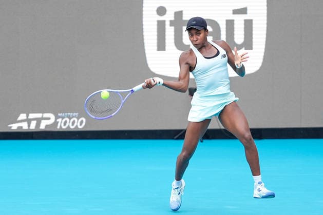 March 23, 2026, Miami Gardens, Florida, USA: Coco Gauff (USA) returns a shot to Sorana Cirstea (not pictured) during the women s fourth round singles match at the 2026 Miami Open presented by Itau at Hard Rock Stadium. TENNIS 2026: Miami Open.  - ZUMAw109 20260323_fap_w109_022 Copyright: xDebbyxWongx