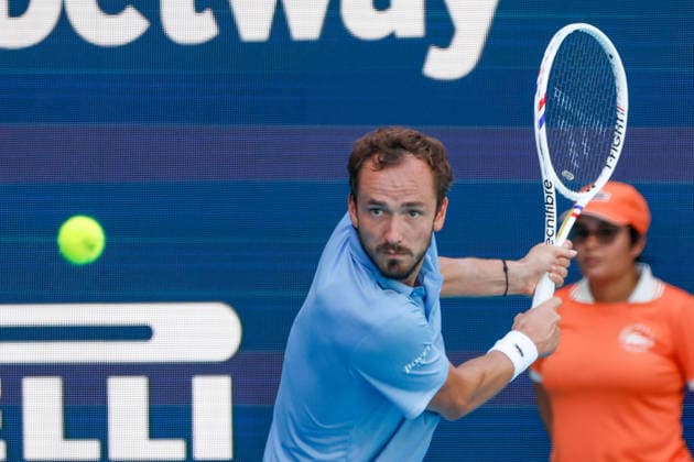 MIAMI GARDENS, FL - MARCH 23: Daniil Medvedev in action during a men™s third round singles match against Francisco Cerundolo (ARG) at the Miami Open on March 23, 2026, at Hard Rock Stadium in Miami Gardens, Florida,(Photo by Chris Arjoon Icon Sportswire) TENNIS: MAR 23 Miami Open EDITORIAL USE ONLY Icon2603230010024