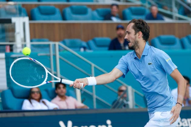 MIAMI GARDENS, FL - MARCH 23: Daniil Medvedev in action during a men™s third round singles match against Francisco Cerundolo (ARG) at the Miami Open on March 23, 2026, at Hard Rock Stadium in Miami Gardens, Florida,(Photo by Chris Arjoon Icon Sportswire) TENNIS: MAR 23 Miami Open EDITORIAL USE ONLY Icon2603230010043