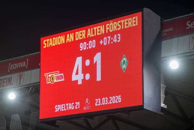Fußball, Frauen, Saison 2025 2026, Google Pixel Frauen-Bundesliga (21. Spieltag), 1. FC Union Berlin - Werder Bremen, Anzeigetafel mit 4:1-Endstand, 23.03. 2026, Copyright: xMatthiasxKochx