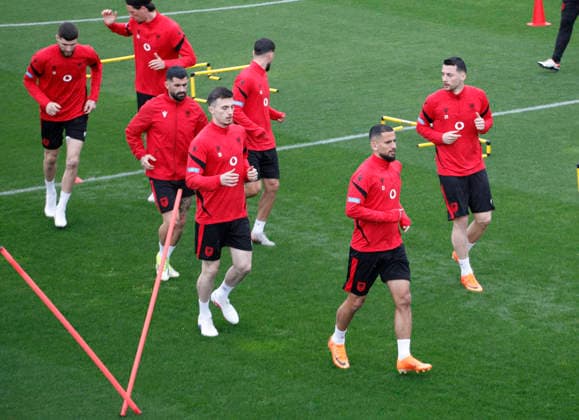 FIFA World Cup, WM, Weltmeisterschaft, Fussball UEFA Qualifiers Poland vs Albania, in Tirana, Albania, 23 March 2026. Albanian national team, Nationalteam football players, Naser Aliji, Arber Hoxha, attends a training session in Tirana on March 23, 2026, on the eve of the FIFA World Cup 2026 qualifier semi-final football match between Poland and Albania in Warsaw, Poland. Light Studio Agency Malton Dibra TIRANE ALBANIA Copyright: xMaltonxDibrax