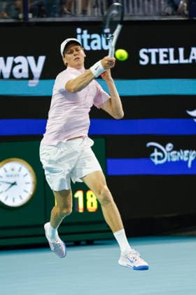 MIAMI GARDENS, FL - MARCH 23: Jannik Sinner (ITA) in action during a men™s third round singles match against Corentin Moutet (FRA) at the Miami Open on March 23, 2026, at Hard Rock Stadium in Miami Gardens, Florida,(Photo by Chris Arjoon Icon Sportswire) TENNIS: MAR 23 Miami Open EDITORIAL USE ONLY Icon2603230010127