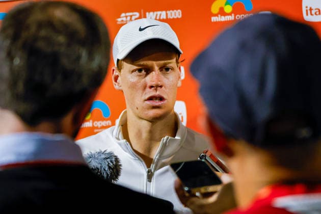MIAMI GARDENS, FL - MARCH 23: Jannik Sinner (ITA) talks to the media after his men™s third round singles match against Corentin Moutet (FRA) at the Miami Open on March 23, 2026, at Hard Rock Stadium in Miami Gardens, Florida,(Photo by Chris Arjoon Icon Sportswire) TENNIS: MAR 23 Miami Open EDITORIAL USE ONLY Icon2603230010169