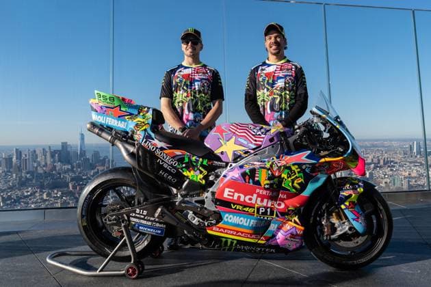 March 24, 2026, Bronx, New York, USA: Fabio Di Giannantonio (Diggia), VR46 Racing Team Rider and Franco Morbidelli (Franky), VR46 Racing Team Rider pose during Pertamina Enduro VR46 Racing Team unveiling newly designed by Aldo Drudi Ducati motorcycle on observation deck The Edge in New York, NY on March 24, 2026. Bronx USA - ZUMAr339 20260324_znp_r339_022 Copyright: xLevxRadinx