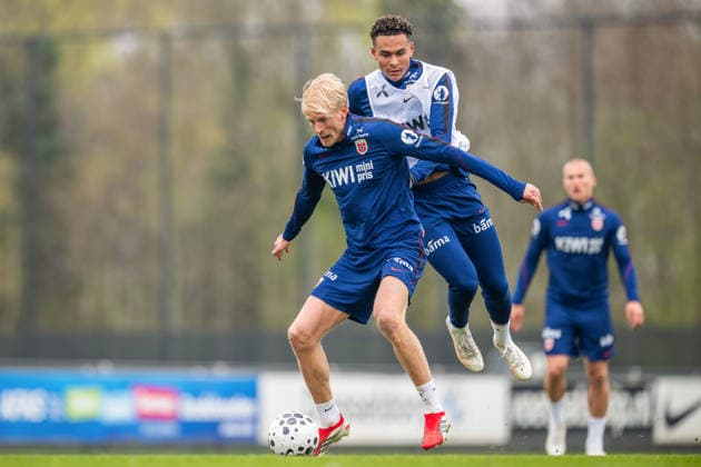 260324 Morten Thorsby and Antonio Nusa of the Norwegian national football team during a training session on March 24, 2026 in Wijdewormer. Photo: Vegard Grott BILDBYRAN kod VG VG0899 bbeng fotball football soccer fotboll norge norway trening träning training practice amsterdam Copyright: VEGARDxGRoTT BB260324VG014