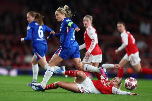 London, England, 24th March 2026. Erin Cuthbert of Chelsea and Alessia Russo of Arsenal challenge for the ball during the Arsenal Women vs Chelsea Women UEFA Womens Champions League Quarter Final match at the Emirates Stadium, London. Picture credit should read: Paul Terry Sportimage EDITORIAL USE ONLY. No use with unauthorised audio, video, data, fixture lists, club league logos or live services. Online in-match use limited to 120 images, no video emulation. No use in betting, games or single club league player publications. SPI_012_PT_Arsenal_W_Chelsea_W SPI-4637-0012