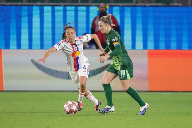 24.03.2026, xgrfx, Fussball UEFA Women s Champions League Viertelfinale , VfL Wolfsburg - OL Lyonnes v.l. Selma Bacha (OL Lyonnes), Svenja Huth (VfL Wolfsburg) (DFL DFB REGULATIONS PROHIBIT ANY USE OF PHOTOGRAPHS as IMAGE SEQUENCES and or QUASI-VIDEO) Wolfsburg