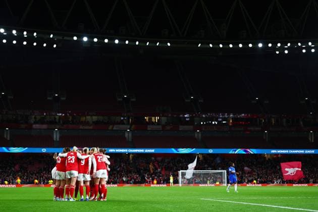 Stina Blackstenius of Arsenal celebrates scoring a goal after making the score 1-0. Arsenal Women v Chelsea Women, UEFA Women s Champions League, Quarter Final, First Leg, Football, Emirates Stadium, London, UK - 24 Mar 2026London Emirates Stadium United Kingdom EDITORIAL USE ONLY No use with unauthorised audio, video, data, fixture lists, club league logos or live services. Online in-match use limited to 120 images, no video emulation. No use in betting, games or single club league player publications. Copyright: xJamesxMarsh Shutterstockx 16787096y