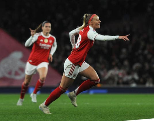Football - 2025 2026 UEFA Women™s Champions League - Quarter Final, First Leg: Arsenal vs. Chelsea - Emirates Stadium - Tuesday 24th March 2026 Chloe Kelly of Arsenal celebrates scoring goal no 2 