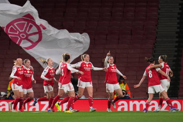 UEFA Women s Champions League Quarter-finals Arsenal v Chelsea Stina Blackstenius of Arsenal scores to make it 1-0 during the UEFA Women s Champions League Quarter-finals match Arsenal vs Chelsea at Arsenal Stadium, London, United Kingdom on 24 March 2026 (Photo by Harvey Murphy News Images) Copyright: xHarveyxMurphy NewsxImagesx