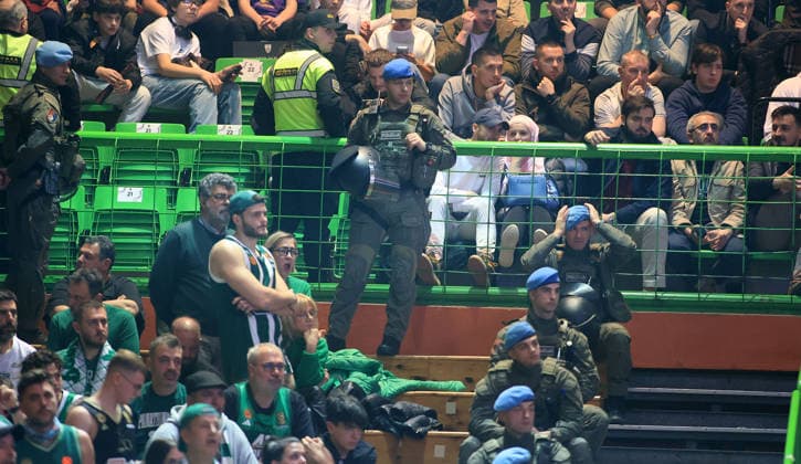 24.03.2026 Sarajevo(Bosnia and Herzegovina) BC Dubai-BC Panathinaikos Eurolegue men s basketball Riot police Beside Panathinaikos fans :