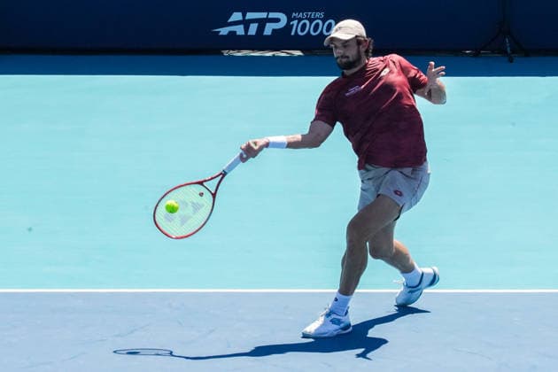 March 24, 2026, Miami Gardens, Florida, USA: Valentin Vacherot (MON) returns a shot from Arthur Fils (not pictured) during the men s fourth round match at the 2026 Miami Open presented by Itau at Hard Rock Stadium. Miami Gardens USA - ZUMAw109 20260324_fap_w109_053 Copyright: xDebbyxWongx