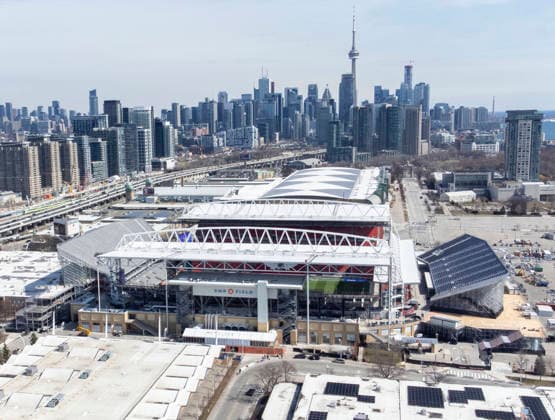 (260325) -- TORONTO, March 25, 2026 -- An aerial drone photo taken on March 24, 2026 shows the Toronto Stadium in Toronto, Canada. The City of Toronto unveiled the completion of all major upgrades at the Toronto Stadium for the FIFA World Cup, WM, Weltmeisterschaft, Fussball 2026 on Tuesday. With a temporary seating expansion included, the total stadium capacity has increased to 45,000 seats. (Photo by Xinhua) CANADA-TORONTO-FIFA WORLD CUP-STADIUM MAJOR UPGRADES-COMPLETION ZouxZheng 