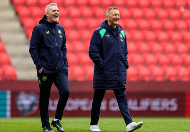 Republic of Ireland Squad Training, Fortune Arena, Prague, Czech Republic 25 3 2026 Goalkeeper coach Gudmundur Hreidarsson and manager Heimir Hallgrimsson Gudmundur Hreidarsson and Heimir Hallgrimsson 25 3 2026  Copyright: x INPHO RyanxByrnex RB1_6286