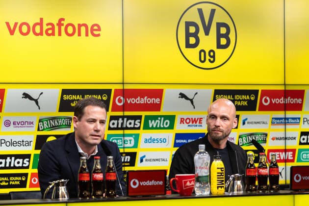 25.03.2026, Fussball, Pressekonferenz, Vorstellung des neuen Sportdirektors Ole Book (Borussia Dortmund). v. l. Geschäftsführer Lars Ricken (Borussia Dortmund), Sportdirektor Ole Book (Borussia Dortmund). Dortmund Signal Iduna Park NRW Deutschland xRHR-FOTO DEx