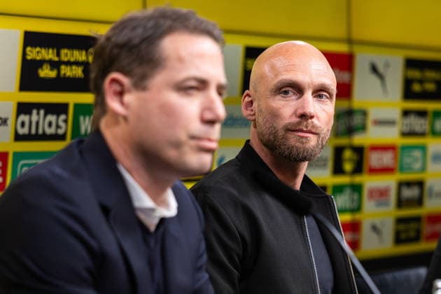 25.03.2026, Fussball, Pressekonferenz, Vorstellung des neuen Sportdirektors Ole Book (Borussia Dortmund). v. l. Geschäftsführer Lars Ricken (Borussia Dortmund), Sportdirektor Ole Book (Borussia Dortmund). Dortmund Signal Iduna Park NRW Deutschland xRHR-FOTO DEx