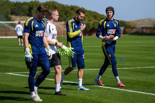 260325 Goalkeeper Melker Ellborg, goaltender coach Linus Kandolin, goalkeeper Kristoffer Nordfeldt and goalkeeper Noel Törnqvist of the Swedish national football team during a training session on March 25, 2026 in Valencia. Photo: Joel Marklund BILDBYRAN kod JM JM0806 bbeng fotboll football soccer fotball vm-kval FIFA World Cup, WM, Weltmeisterschaft, Fussball qualifier qualifier träning practice training sverige sweden sverige a Copyright: JOELxMARKLUND BB260325JM023