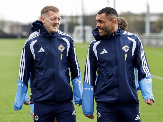 Northern Ireland Squad Training, Axa Training Centre, Liverpool, England 25 3 2026 George Saville and Josh Magennis George Saville and Josh Magennis 25 3 2026  Copyright: x INPHO Presseye WilliamxCherryx N Ireland training_004