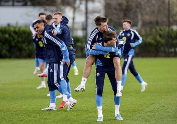 Northern Ireland Squad Training, Axa Training Centre, Liverpool, England 25 3 2026 Isaac Price and Brad Lyons Isaac Price and Brad Lyons 25 3 2026  Copyright: x INPHO Presseye WilliamxCherryx N Ireland training_022