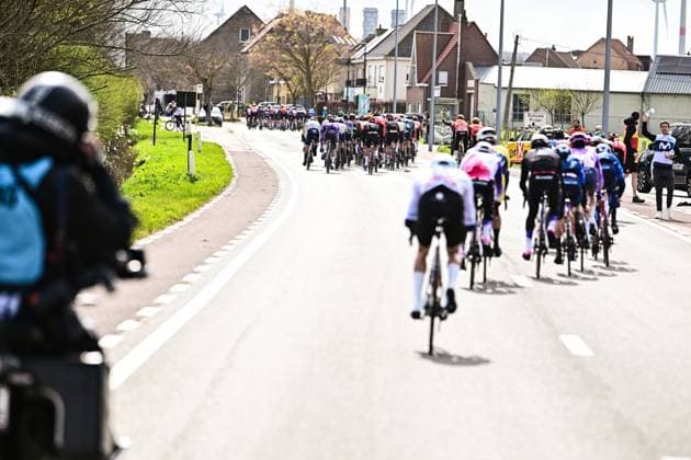 a group of riders pictured in action during the Ronde van Brugge men s elite one-day cycling race, 202,9 km from and to Brugge on Wednesday 25 March 2026. MAARTENxSTRAETEMANS  x168849459x