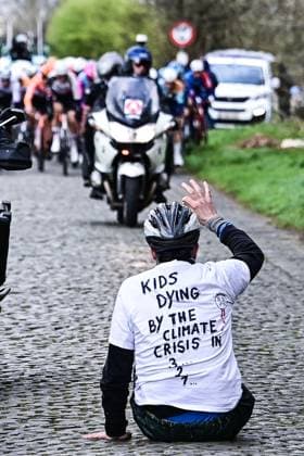 a protestor on the road during the Ronde van Brugge men s elite one-day cycling race, 202,9 km from and to Brugge on Wednesday 25 March 2026. MAARTENxSTRAETEMANS  x168872697x