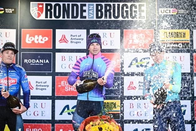 Dutch Dylan Groenewegen of Unibet Rose Rockets celebrates on the podium after winning the Ronde van Brugge men s elite one-day cycling race, 202,9 km from and to Brugge on Wednesday 25 March 2026. MAARTENxSTRAETEMANS  x168885636x