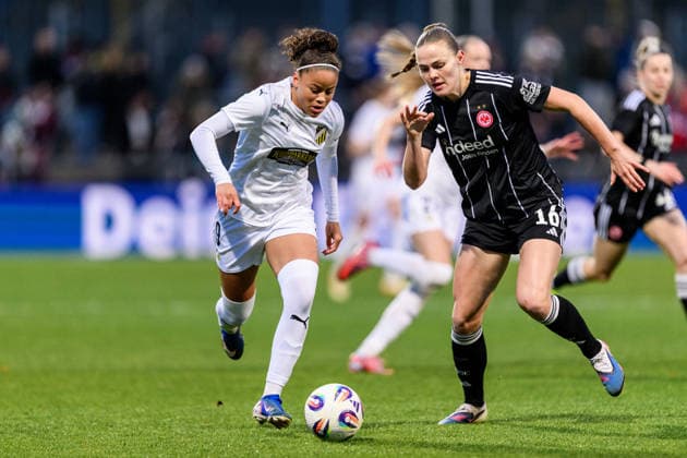 260325 Felicia Schröder of Häcken and Marthine ostenstad of Eintracht Frankfurt during the UEFA Women s Europa Cup semifinal between Eintracht Frankfurt and Häcken on March 25, 2026 in Frankfurt. Photo: Mathias Bergeld BILDBYRAN kod MB MB1357 fotboll football soccer fotball europa cup eintracht frankfurt häcken uefa womens europa cup dam bbeng semifinal Copyright: MATHIASxBERGELD BB260325MB026