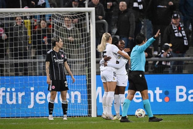 25.03.2026, xjhx, Fussball UEFA Women s Europa Cup, Eintracht Frankfurt - BK Häcken v.l. Alva Selerud (BK Häcken) celebrate the goal, Der Torjubel zum 0:1 (DFL DFB REGULATIONS PROHIBIT ANY USE OF PHOTOGRAPHS as IMAGE SEQUENCES and or QUASI-VIDEO) Frankfurt am Main