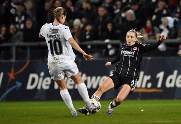 RECORD DATE NOT STATED 25.03.2026, xjhx, Fussball UEFA Women s Europa Cup, Eintracht Frankfurt - BK Häcken v.l. Anna Anvegard (BK Häcken), Elisa Senss Senß (Eintracht Frankfurt Frauen) (DFL DFB REGULATIONS PROHIBIT ANY USE OF PHOTOGRAPHS as IMAGE SEQUENCES and or QUASI-VIDEO) Frankfurt am Main