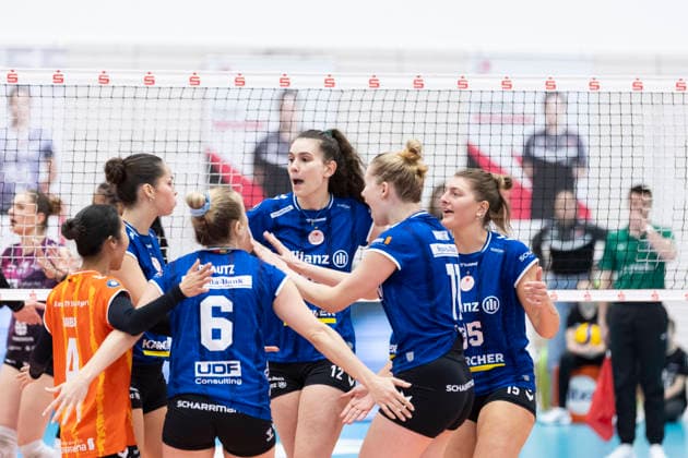 1. Volleyball Bundesliga Frauen Playoffs Viertelfinale: Schwarz-Weiss Erfurt vs. Allianz MTV Stuttgart; Erfurt; 25.03.2026 Jubel, Allianz MTV Stuttgart 1. Volleyball Bundesliga Frauen Playoffs Viertelfinale: Schwarz-Weiss Erfurt vs. Allianz MTV Stuttgart; Riethsporthalle Erfurt; 25.03.2026 Copyright: xBEAUTIFULxSPORTS Duehringx