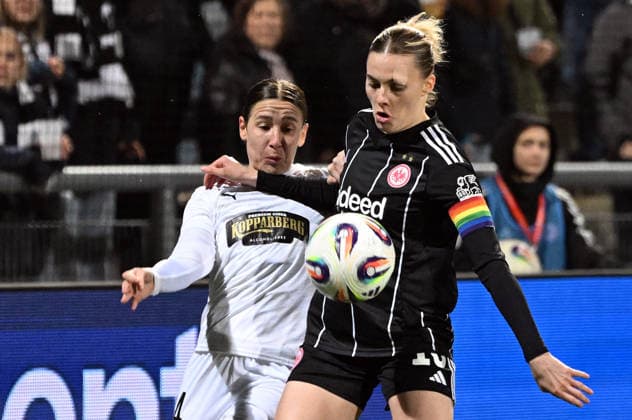 25.03.2026, xjhx, Fussball UEFA Women s Europa Cup, Eintracht Frankfurt - BK Häcken v.l. Tabby Tindell (BK Häcken), Laura Freigang (Eintracht Frankfurt Frauen) (DFL DFB REGULATIONS PROHIBIT ANY USE OF PHOTOGRAPHS as IMAGE SEQUENCES and or QUASI-VIDEO) Frankfurt am Main