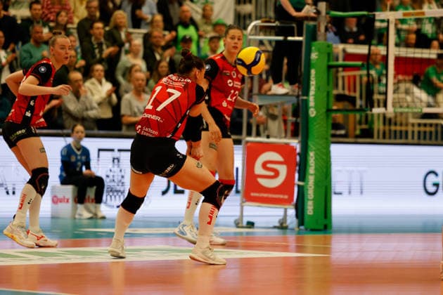 Volleyball I Frauen I Saison 2025-2026 I Bundesliga I Playoff-Viertelfinale 2 I USC Münster - Dresdner SC I 25.03.2026 Lorena Lorber Fijok (17, Dresdner SC) nimmt den Ball nach einem Aufschlag von USC Münster an. Münster Sporthalle Berg Fidel Nordrhein-Westfalen Deutschland Copyright: xLobeca CedricxSiefkerx