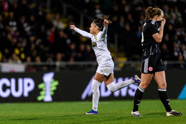 260325 Felicia Schröder of Häcken celebrates scoring 0-2 during the UEFA Women s Europa Cup semifinal between Eintracht Frankfurt and Häcken on March 25, 2026 in Frankfurt. Photo: Mathias Bergeld BILDBYRAN kod MB MB1357 fotboll football soccer fotball europa cup eintracht frankfurt häcken uefa womens europa cup dam bbeng semifinal jubel Copyright: MATHIASxBERGELD BB260325MB046