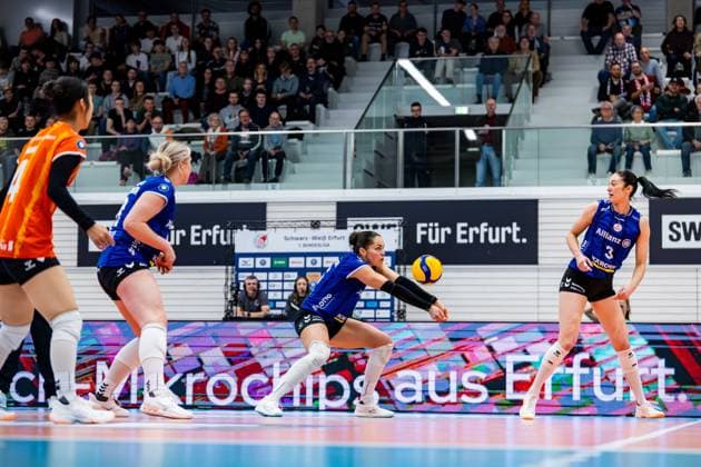 25.03.2026, GER, Volleyball, Frauen, 1.BL, PlayOffs Viertelfinale, Saison 25 26, Schwarz-Weiss Erfurt - Allianz MTV Stuttgart Mikala Mogensen (Allianz MTV Stuttgart) 99089 Erfurt Sporthalle Sportanlage Rieths Thüringen Deutschland