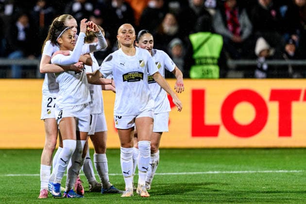 260325 Felicia Schröder of Häcken celebrates scoring 0-3 during the UEFA Women s Europa Cup semifinal between Eintracht Frankfurt and Häcken on March 25, 2026 in Frankfurt. Photo: Mathias Bergeld BILDBYRAN kod MB MB1357 fotboll football soccer fotball europa cup eintracht frankfurt häcken uefa womens europa cup dam bbeng semifinal jubel Copyright: MATHIASxBERGELD BB260325MB048
