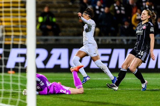 260325 Felicia Schröder of Häcken celebrates scoring 0-3 during the UEFA Women s Europa Cup semifinal between Eintracht Frankfurt and Häcken on March 25, 2026 in Frankfurt. Photo: Mathias Bergeld BILDBYRAN kod MB MB1357 fotboll football soccer fotball europa cup eintracht frankfurt häcken uefa womens europa cup dam bbeng semifinal jubel Copyright: MATHIASxBERGELD BB260325MB049