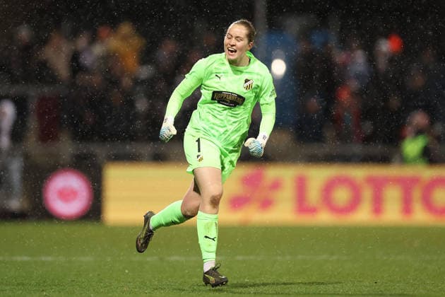 FRANKFURT AM MAIN, DEUTSCHLAND 25.03.2026 Halbfinal-Hinspiel im UEFA Women™s Europa Cup zwischen Eintracht Frankfurt Frauen und BK Haecken FF im Stadion am Brentanobad in Frankfurt am Main v.l., goalkeeper Fanney Birkisdottir (BK Haecken FF) jubeln jubelt nach Spielende. Copyright: JoaquimxFerreira