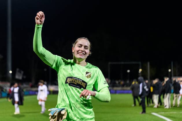 260325 Goalkeeper Fanney Birkisdottir of Häcken celebrates after the UEFA Women s Europa Cup semifinal between Eintracht Frankfurt and Häcken on March 25, 2026 in Frankfurt. Photo: Mathias Bergeld BILDBYRAN kod MB MB1357 fotboll football soccer fotball europa cup eintracht frankfurt häcken uefa womens europa cup dam bbeng semifinal jubel Copyright: MATHIASxBERGELD BB260325MB054