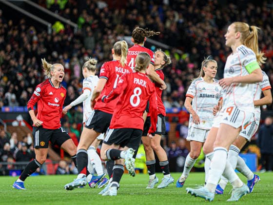 MANCHESTER, ENGLAND - March 25: Maya Le Tissier of Manchester United, ManU celebrates after equalising through a penalty during the UEFA Womens Champions League match between Manchester United and Bayern Munich at Old Trafford in Manchester, England Copyright: xNataliexMincher SPPx Sportspressphoto_SPR117998