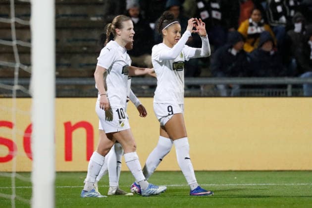 Frankfurt, Deutschland 25. März 2026: UEFA Womens Europa Cup - 2025 2026 - Halbfinale - Eintracht Frankfurt gegen BK Häcken Im Bild: 3. Felicia Schröder Schroeder (BK) jubelt nach ihrem Tor zum 0:3 Stadion am Bretanobad Hessen Copyright: xFotostandx xvanxderxVeldenx