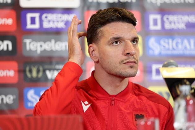 WARSZAWA 25.03.2026 KONFERENCJA PRASOWA REPREZENTACJI ALBANII --- ALBANIA FOOTBALL national team, Nationalteam press conference, PK, Pressekonferenz IN WARSAW BERAT DJIMSITI FOT. PIOTR KUCZA FOTOPYK NEWSPIX.PL --- newspix.pl POLAND OUT! 