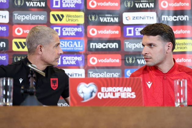 WARSZAWA 25.03.2026 KONFERENCJA PRASOWA REPREZENTACJI ALBANII --- ALBANIA FOOTBALL national team, Nationalteam press conference, PK, Pressekonferenz IN WARSAW SYLVINHO BERAT DJIMSITI FOT. PIOTR KUCZA FOTOPYK NEWSPIX.PL --- newspix.pl POLAND OUT! 